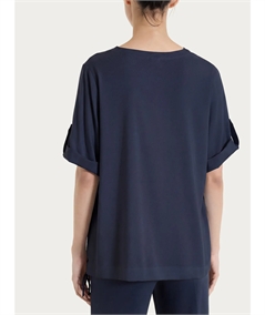Ragno DS23SJ - Blusa con scollo a V e manica corta risvoltabile in Voile Stretc. Colore: Bleu 078
