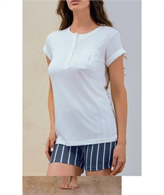 Q.bò QPA-PA Pigiama Girocollo a serafino con manica e pantalone corto in puro cotone. Colore: Panna/Blu