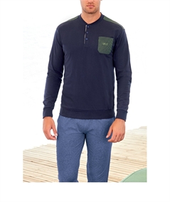 Q.bò QPA580-BL Pigiama Uomo 100% Puro Cotone – Modello Girocollo Serafino a Manica Lunga. Colore: Blu