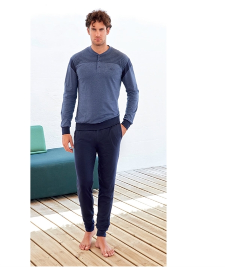 QPA607-JM Pigiama Uomo 100% Puro Cotone – Modello Girocollo Serafino a Manica Lunga. Colore: Jeans Mel.