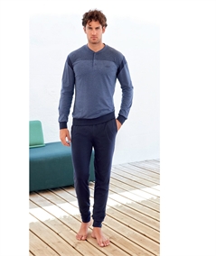 QPA607-JM Pigiama Uomo 100% Puro Cotone – Modello Girocollo Serafino a Manica Lunga. Colore: Jeans Mel.