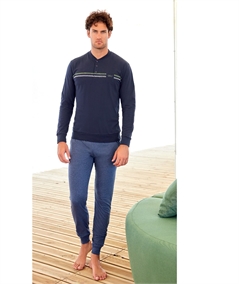 QPA585-BL Pigiama Uomo 100% Puro Cotone – Modello Girocollo Serafino a Manica Lunga. Colore: Blu