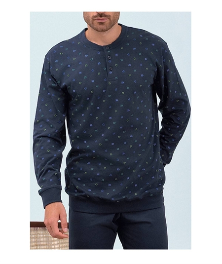 Q.bò QPA400-BL Pigiama Uomo 100% Puro Cotone – Modello Girocollo Serafino a Manica Lunga. Colore: Blu