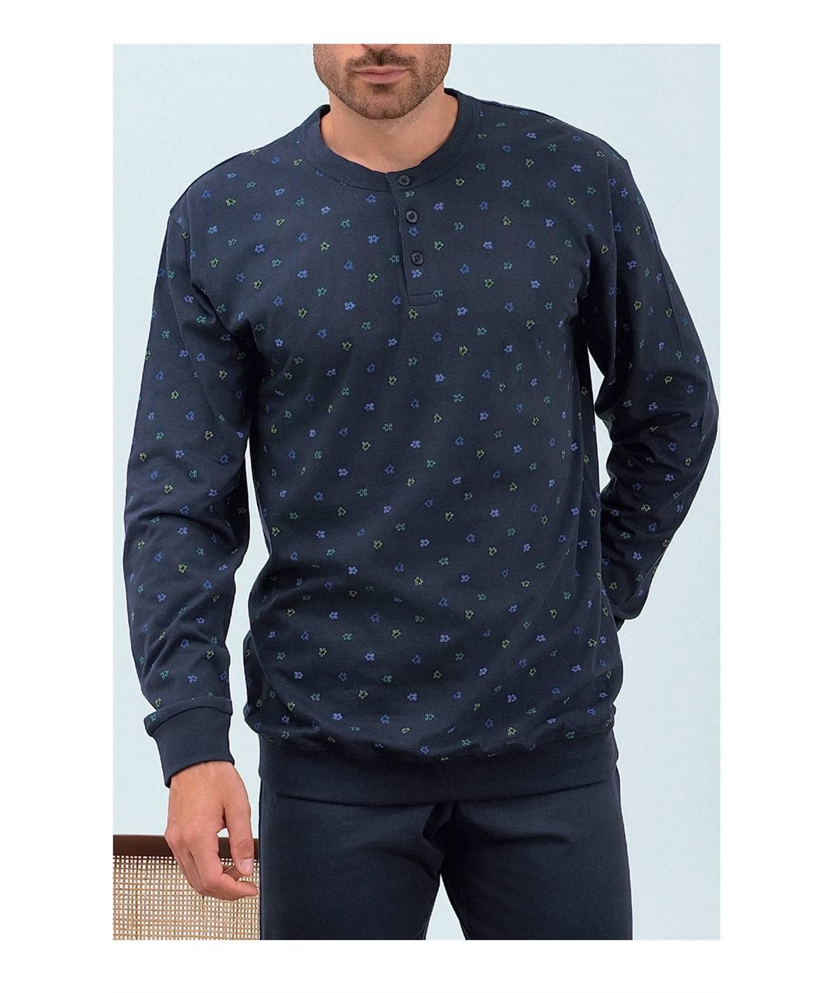 Q.bò QPA400-BL Pigiama Uomo 100% Puro Cotone – Modello Girocollo Serafino a Manica Lunga. Colore: Blu