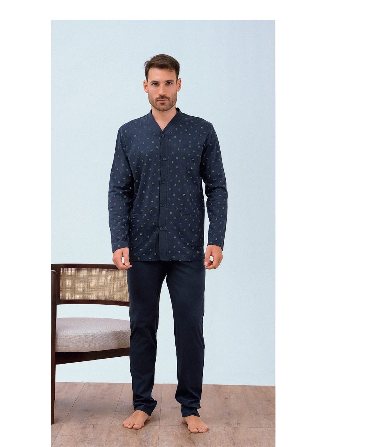 Q.Bò QPA399BL Pigiama Uomo 100% Puro Cotone – Modello Giacca aperta Manica Lunga. Colore: Blu