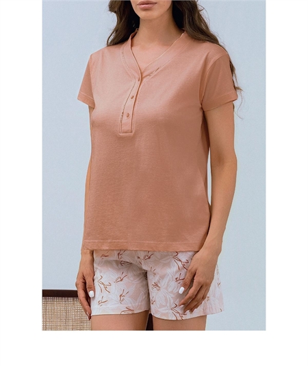 Q.bò QPA751-CAM Pigiama donna 100% puro Cotone - Modello Girocollo Serafino a Manica corta e Pantalone corto. Colore: Cammello