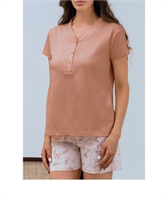 Q.bò QPA751-CAM Pigiama donna 100% puro Cotone - Modello Girocollo Serafino a Manica corta e Pantalone corto. Colore: Cammello