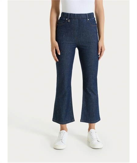 Ragno DP24PM Jeans donna Flare Cropped con Strass – Denim Leggero Elasticizzato. Colore: Indigo 716