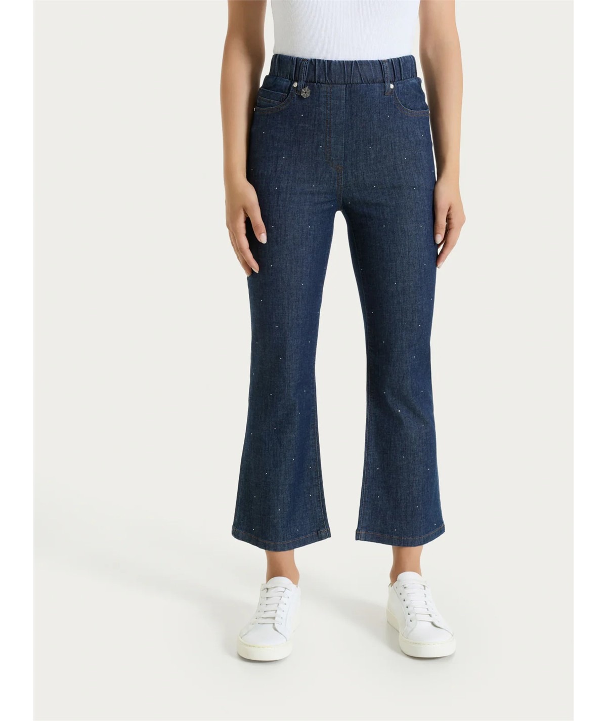 Ragno DP24PM Jeans donna Flare Cropped con Strass – Denim Leggero Elasticizzato. Colore: Indigo 716