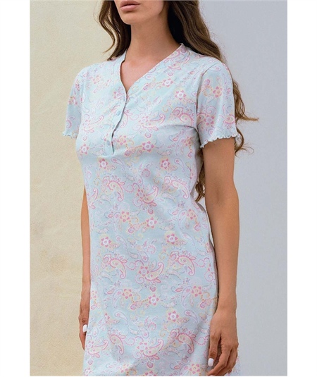 Q.bò QPA782-VQ Camicia notte donna Cotone Modal - Modello Serafino Scollo V a manica corta. Colore: Verde Acqua