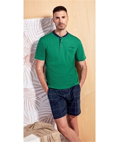 Q.bò QPA49303-VE Pigiama Uomo in Jersey di Puro Cotone - Modello Serafino a Manica Corta e Pantalone Corto. Colore: Verde