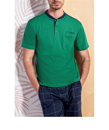 Q.bò QPA49303-VE Pigiama Uomo in Jersey di Puro Cotone - Modello Serafino a Manica Corta e Pantalone Corto. Colore: Verde