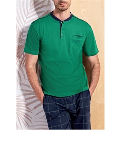 Q.bò QPA49303-VE Pigiama Uomo in Jersey di Puro Cotone - Modello Serafino a Manica Corta e Pantalone Corto. Colore: Verde