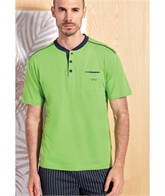 49316-VA Pigiama Uomo in Jersey di Puro Cotone - Modello Serafino a Manica Corta e Pantalone Corto. Colore: Verde Acido