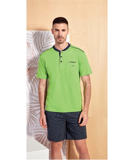 49316-VA Pigiama Uomo in Jersey di Puro Cotone - Modello Serafino a Manica Corta e Pantalone Corto. Colore: Verde Acido