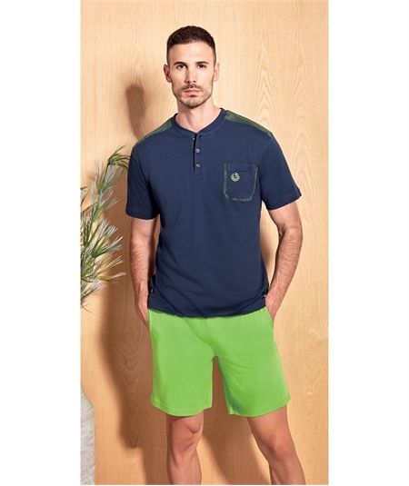 49526-BL Pigiama Uomo in Jersey di Puro Cotone - Modello Serafino a Manica Corta e Pantalone Corto. Colore: Blu