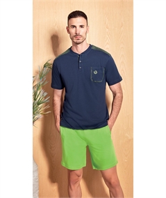 49526-BL Pigiama Uomo in Jersey di Puro Cotone - Modello Serafino a Manica Corta e Pantalone Corto. Colore: Blu