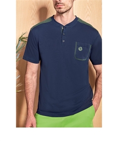 49526-BL Pigiama Uomo in Jersey di Puro Cotone - Modello Serafino a Manica Corta e Pantalone Corto. Colore: Blu