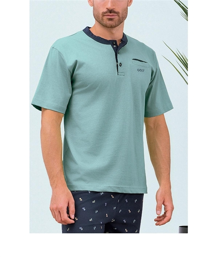 QPA429-VE Pigiama Uomo in Jersey di Puro Cotone - Modello Serafino a Manica Corta e Pantalone Corto. Colore: Verde