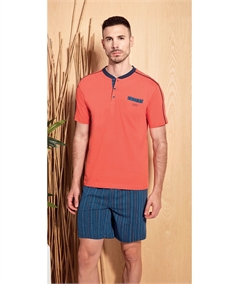 49371-PJ Pigiama Uomo Estivo Q.bò Jersey di Puro Cotone - Maglia Serafino Corta Pantalone Corto. Colore: Papaja 