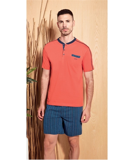 49371-PJ Pigiama Uomo Estivo Q.bò Jersey di Puro Cotone - Maglia Serafino Corta Pantalone Corto. Colore: Papaja