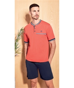 49516-PJ Pigiama Uomo Estivo Q.bò Jersey di Puro Cotone - Maglia Serafino Corta Pantalone Corto. Colore: Papaja