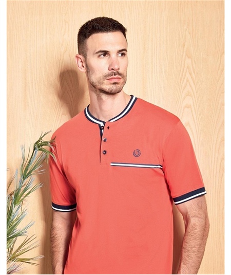 49516-PJ Pigiama Uomo Estivo Q.bò Jersey di Puro Cotone - Maglia Serafino Corta Pantalone Corto. Colore: Papaja