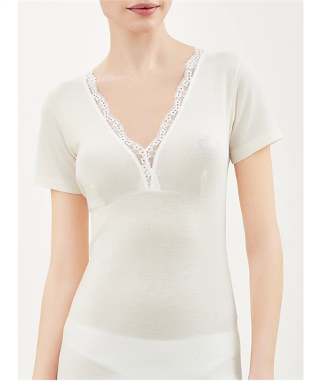 Ragno 073098 - Maglia intima donna manica corta con forma seno in lana merino extrafine. Colore: Bianco 002