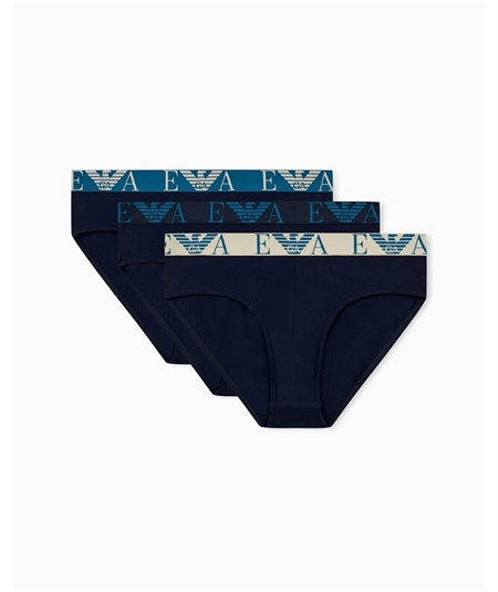 EM000258AF25018 Set di 3 Slip Emporio Armani in cotone elasticizzato. Colore: Bleu MB139