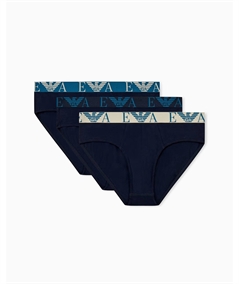 EM000258AF25018 Set di 3 Slip Emporio Armani in cotone elasticizzato. Colore: Bleu MB139