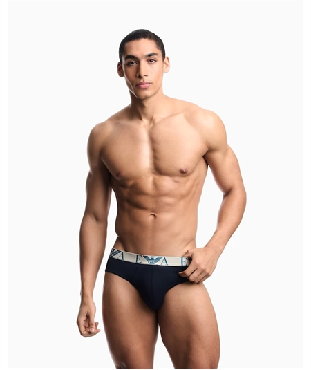 EM000258AF25018 Set di 3 Slip Emporio Armani in cotone elasticizzato. Colore: Bleu MB139
