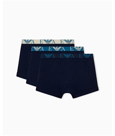 EM000259AF25018MB139 Set di 3 Slip Emporio Armani in cotone elasticizzato. Colore: Bleu MCB139