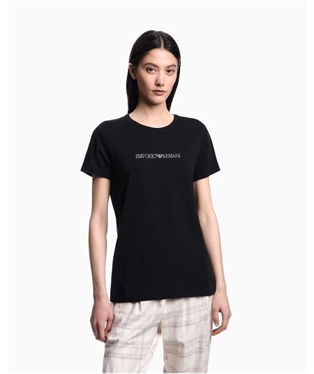 Maglietta Donna con Logo in Cotone con Strass - Emporio Armani. Colore: Nero