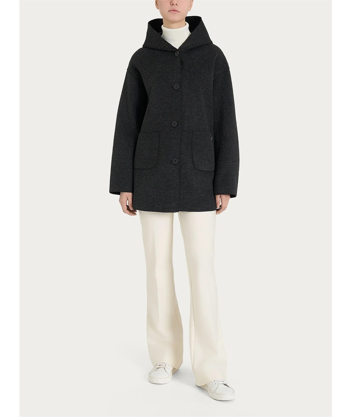 Giaccone Donna con Cappuccio in Tessuto Vegan. Colore: Oscuro Melange 489M